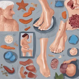 An illustration depicting the link between diabetes and various skin conditions, showcasing symptoms such as dry skin, infections, and slow wound healing.
