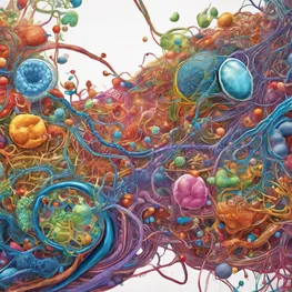 A conceptual illustration representing the intricate relationship between diabetes and gastrointestinal health, with vibrant colors depicting the complex connections and pathways between the two systems.
