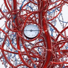 A visual representation of the complex relationship between diabetes and blood pressure, with intertwining blood vessels and glucose molecules interacting with blood pressure measurements.