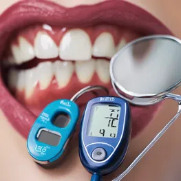 A close-up image showcasing the relationship between oral health and diabetes, with a dental mirror reflecting a healthy tooth and a blood glucose meter in the background, emphasizing the important connection between these two conditions.