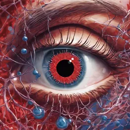 An illustration depicting the interconnection between diabetes and vision health, showcasing a human eye with glucose molecules floating in the background and blood vessels affected by diabetes leading to various eye conditions.