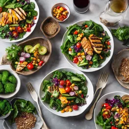 A beautifully plated dish with vibrant colors, featuring a balanced combination of lean protein, leafy greens, and colorful vegetables, showcasing a delicious and nutritious meal that won't spike blood sugar levels.