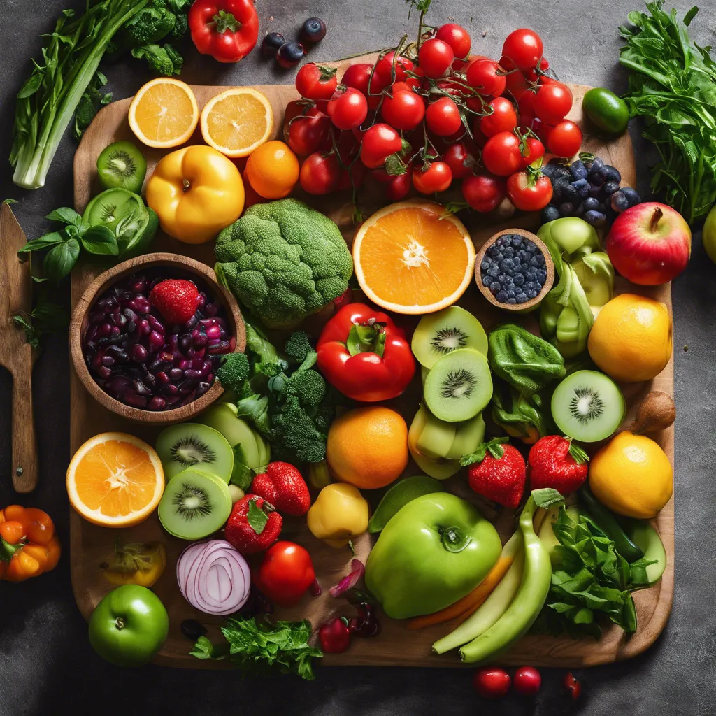 A visually appealing image of a cutting board with a variety of colorful fruits and vegetables, highlighting the vibrant flavors and healthy options available for creating diabetes-friendly meals.