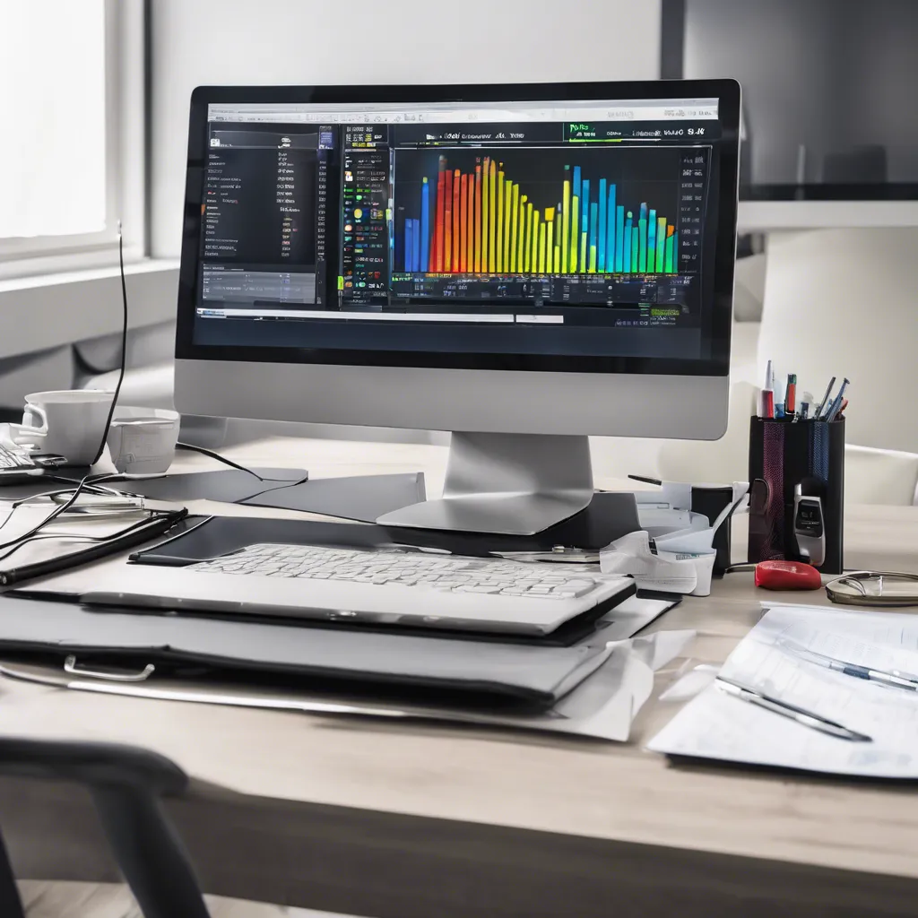 An image of a person sitting at a desk in a modern office, with a computer screen displaying a spreadsheet and a blood glucose monitor and insulin pen neatly arranged on the desk, symbolizing the challenges and strategies involved in managing diabetes while working.