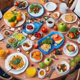 A visual representation of a person tailor-fitting their diabetes management plan, with a measuring tape around their waist and a selection of healthy food options laid out on a table.