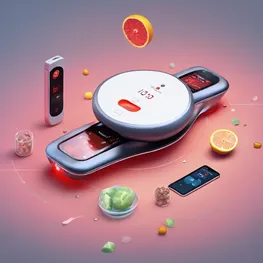 An illustration of a futuristic, high-tech diabetes management device that seamlessly integrates with the user's lifestyle, displaying real-time blood sugar levels, insulin dosages, and personalized dietary recommendations.