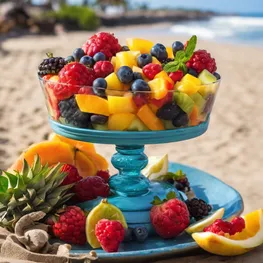 A close-up photograph of a colorful fruit salad, featuring a variety of fruits known for their low glycemic index and ability to help balance blood sugar levels, with the beach and ocean in the background.