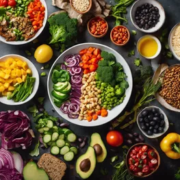 A vibrant overhead photograph of a beautifully arranged low-glycemic meal, featuring a colorful array of fresh vegetables, lean proteins, and healthy fats, designed to inspire and empower individuals to embrace a nutritious and delicious dining experience.