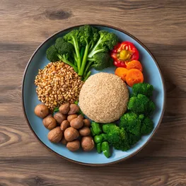 An image of a colorful plate filled with a balanced meal of fresh vegetables, lean protein, and whole grains, highlighting the importance of mindful food choices for effective blood sugar control.