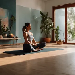 An uplifting image of a person practicing self-care amidst a diabetes burnout, featuring a peaceful yoga session with soft lighting and a calm setting, promoting relaxation and mindfulness.