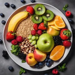 A close-up image of a plate filled with a balanced meal consisting of a colorful array of fruits, vegetables, lean proteins, and whole grains, highlighting the importance of balancing macros for effective sugar management.