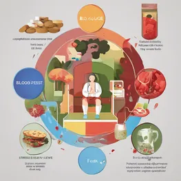 An illustration depicting the relationship between stress and blood sugar levels, showing how chronic stress can lead to elevated glucose levels and potential health complications. Include images of a stressed individual, a blood sugar monitor, and natural remedies such as exercise, meditation, and healthy diet choices to manage stress and maintain stable blood sugar levels.