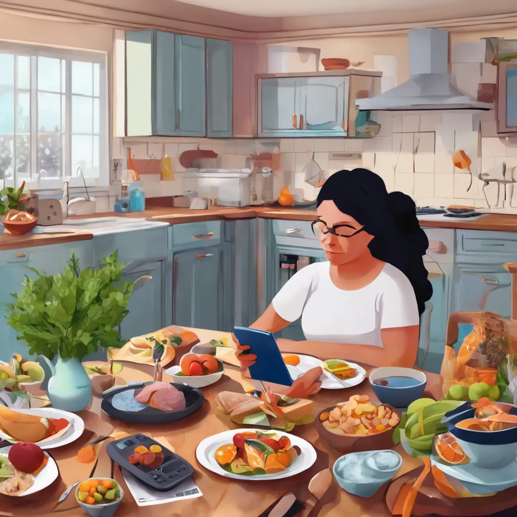 An image of a person with diabetes sitting at a kitchen table, surrounded by various elements that represent emotional intelligence, such as a journal for self-reflection, a support group meeting flyer, healthy food choices, and a mindfulness meditation app on a smartphone.