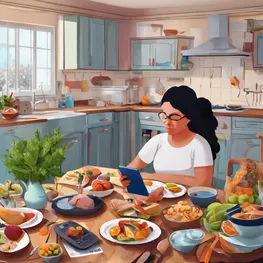 An image of a person with diabetes sitting at a kitchen table, surrounded by various elements that represent emotional intelligence, such as a journal for self-reflection, a support group meeting flyer, healthy food choices, and a mindfulness meditation app on a smartphone.