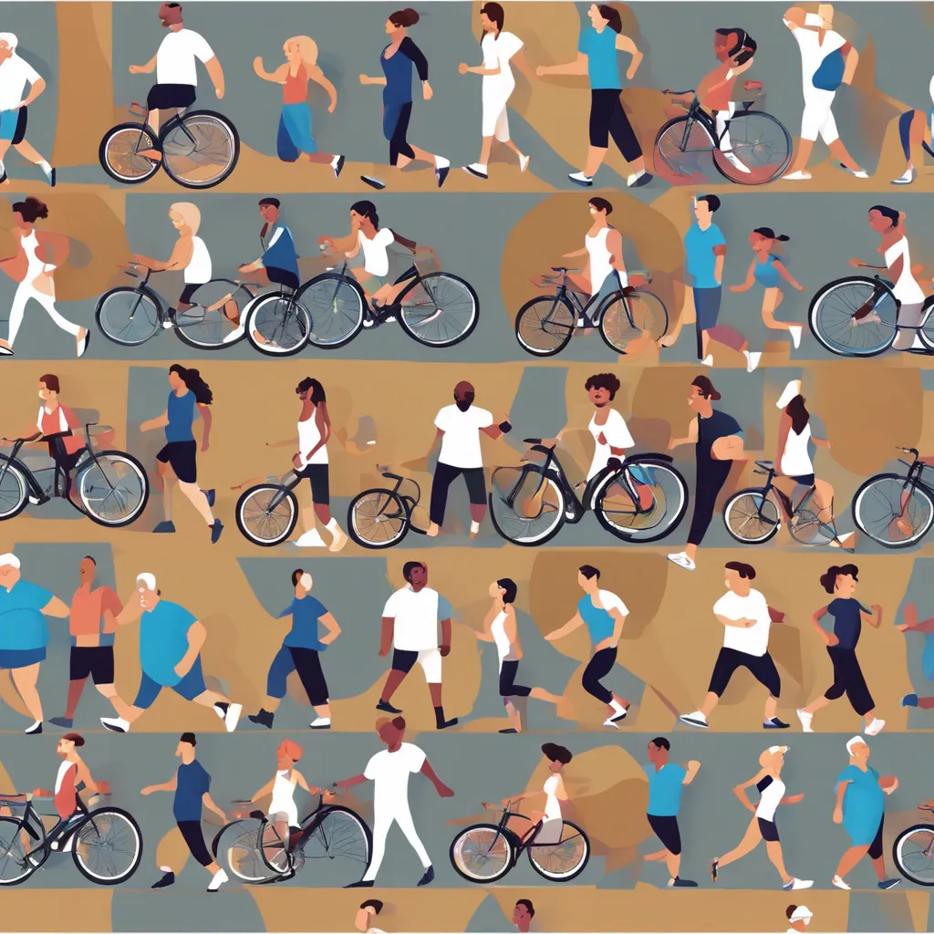 A dynamic image capturing a diverse group of individuals engaging in various empowering exercise routines, such as jogging, yoga, weightlifting, and cycling, showcasing the importance of physical activity in effective diabetes control.