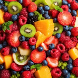 A close-up photograph of a vibrant fruit salad bursting with colors, featuring a variety of blood sugar-friendly fruits like berries, melons, and citrus fruits. The refreshing and healthy salad showcases the natural beauty and benefits of incorporating wholesome ingredients into your diet.