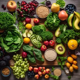 A flatlay photograph showcasing an assortment of colorful, nutrient-rich ingredients such as leafy greens, fresh fruits, whole grains, and lean proteins, all arranged artistically on a wooden cutting board.