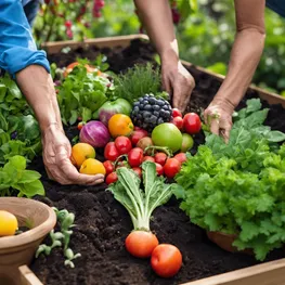 A close-up photograph of hands gently planting a variety of colorful fruits and vegetables in a raised garden bed, showcasing the therapeutic and nourishing benefits of mindful gardening for individuals managing diabetes.