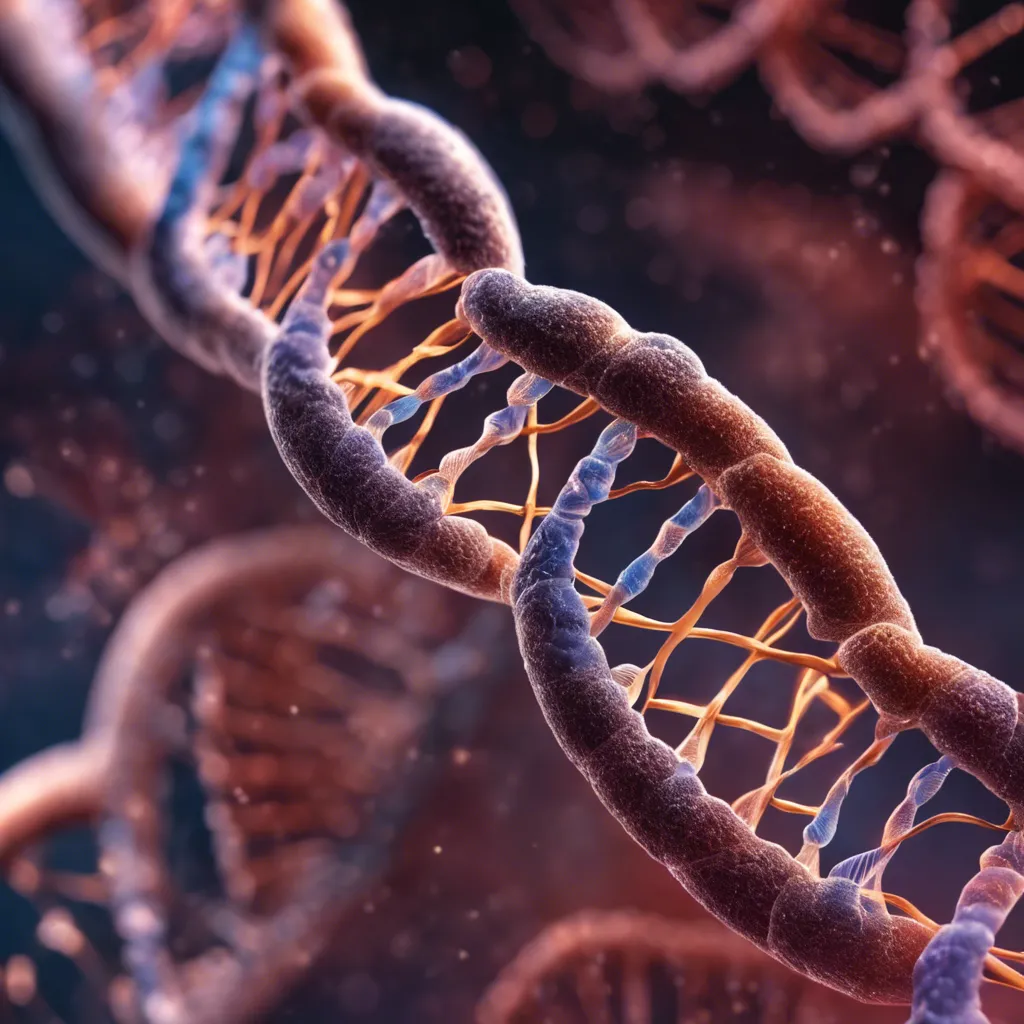 A close-up image of a DNA helix, highlighting the intricate patterns and structures that make up our genetic code, representing the role of genetics in blood sugar regulation.