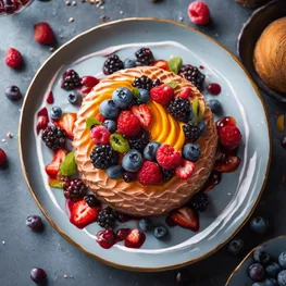 A close-up photograph of a beautifully plated low-glycemic dessert, showcasing the vibrant colors and intricate design that food enthusiasts would appreciate.