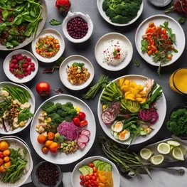 An overhead shot of a beautifully arranged plate showcasing a variety of gourmet low-glycemic dishes, featuring colorful ingredients such as fresh vegetables, lean proteins, and flavorful herbs. The composition highlights the intricate plating techniques and attention to detail, inspiring culinary enthusiasts to create healthy and delicious meals that are also beneficial for blood sugar management.