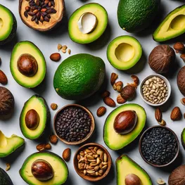 A mouthwatering image of a colorful assortment of nutrient-rich avocados, nuts, and seeds, highlighting their various shapes, textures, and vibrant colors.