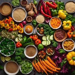 An overhead shot of a carefully prepared plate of colorful, nutrient-dense foods that are known to help lower blood sugar levels. The plate features a variety of vegetables, such as leafy greens, colorful bell peppers, and roasted sweet potatoes, as well as lean protein sources like grilled chicken or tofu. The image also includes a small portion of whole grains, such as quinoa or brown rice, and a sprinkling of heart-healthy fats, such as sliced avocado or nuts.