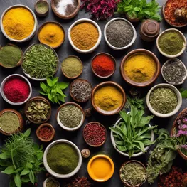 An image of a collection of various herbs and plants known for their ability to support blood sugar balance, arranged beautifully with vibrant colors and textures, showcasing nature's healing power.