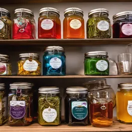 A close-up photograph of various herbal teas for blood sugar balance, showcasing their vibrant colors and unique shapes. The teas are beautifully displayed in clear glass jars, with labels indicating their specific health benefits. The image highlights the natural healing properties of these herbal elixirs, inviting viewers to explore the world of herbal remedies for blood sugar balance.