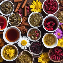 A close-up image of various herbal teas, such as chamomile, cinnamon, and hibiscus, showcasing their vibrant colors and unique textures, symbolizing the diverse role they play in supporting blood sugar control.