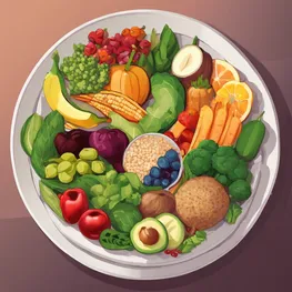 An illustration depicting a colorful plate filled with a variety of fiber-rich foods, such as whole grains, fruits, vegetables, and legumes, emphasizing their role in naturally lowering blood sugar levels.