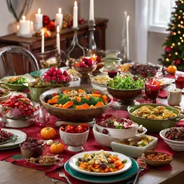 A festive table set with a variety of delicious, diabetic-friendly holiday dishes, including colorful salads, roasted vegetables, lean protein options, and sugar-free desserts.