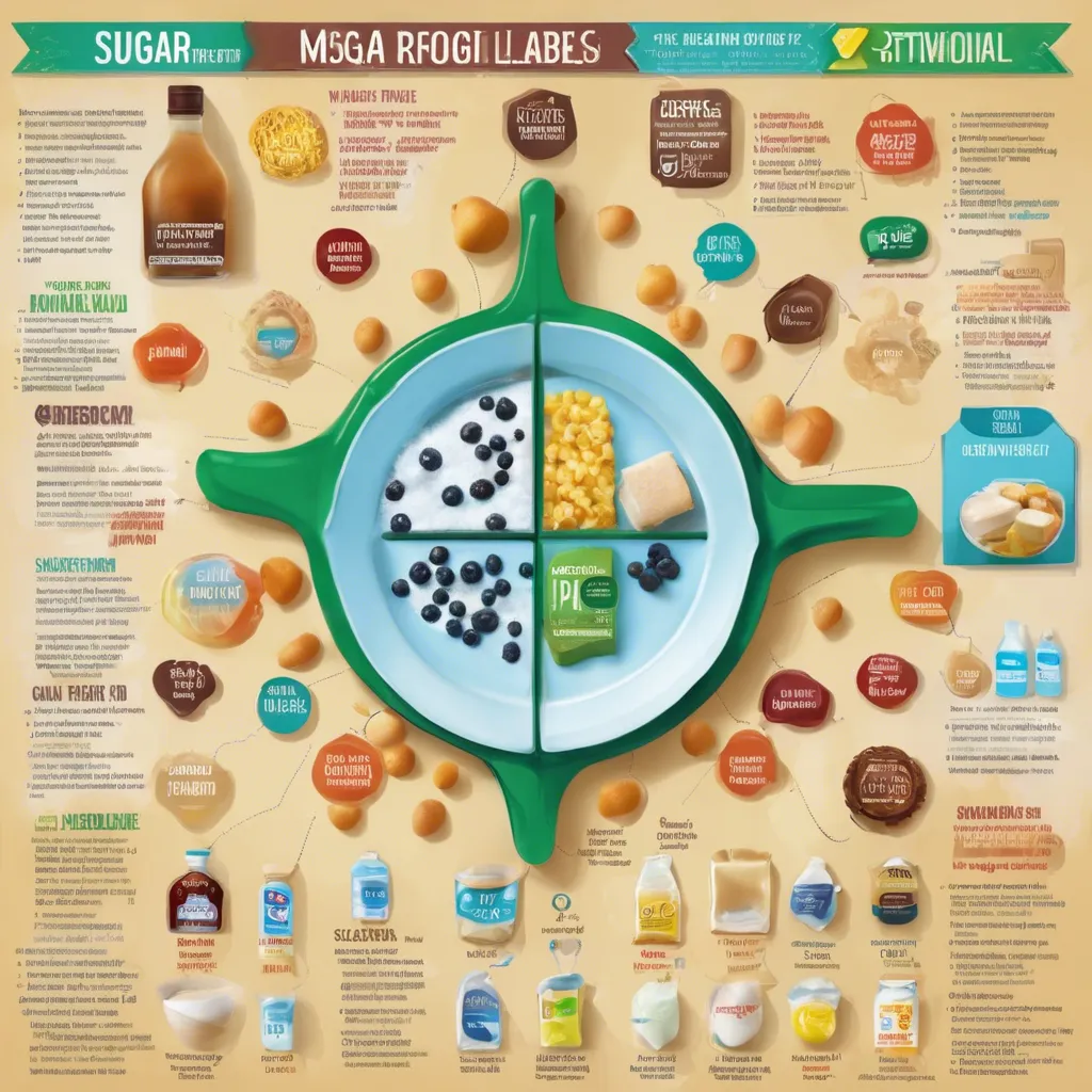 An informative infographic illustrating the various food label symbols and terminology related to sugar content, helping individuals manage their sugar intake and make healthier dietary choices.