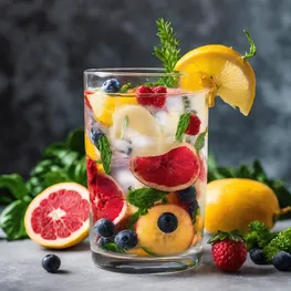 An image of a refreshing glass of water filled with sliced fruits and herbs, showcasing the importance of hydration and natural ways to regulate blood sugar levels.