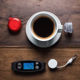 An overhead shot of a coffee mug filled with steaming hot coffee, with a blood sugar monitor and a glucose tablet placed next to it, symbolizing the relationship between caffeine consumption and its effect on blood sugar levels.