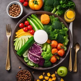 A photograph showcasing a balanced plate of nutritious food, highlighting colorful vegetables, lean protein, and healthy fats, illustrating the importance of diet in optimizing insulin sensitivity.