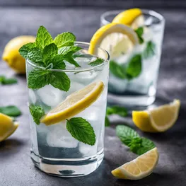 A refreshing image of a glass of ice-cold water adorned with slices of lemon and fresh mint leaves, inviting viewers to practice mindful hydration as a means of improving blood sugar levels.