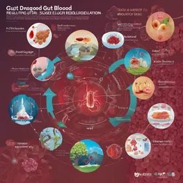 A visually compelling infographic illustrating the connection between gut health and blood sugar regulation, showcasing the different factors that contribute to a healthy gut microbiome and their impact on stabilizing blood sugar levels.
