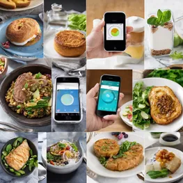 A collage of images showcasing innovative diabetes management techniques, such as a smart insulin pump connected to a mobile app, a glucose monitoring patch, a fitness tracker for tracking exercise and activity levels, and a healthy meal planning app for maintaining a balanced diet.