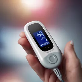 A close-up image of a person holding a glucose monitor, capturing the small drop of blood on their fingertip as they test their blood sugar levels during a period of intermittent fasting. The image highlights the connection between this dietary practice and its impact on blood sugar regulation.