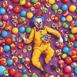 A whimsical illustration of a cheerful clown juggling colorful candy and a glucometer, highlighting the potential connection between laughter, humor, and blood sugar stability.