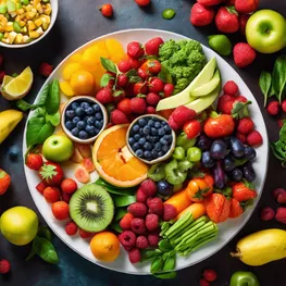 A vibrant, colorful image featuring a beautifully arranged plate of fresh fruits and vegetables, highlighting the variety of options available for incorporating into a blood sugar-friendly diet.
