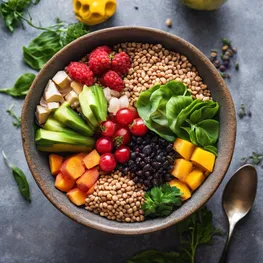 An appetizing flatlay image of a colorful bowl filled with a variety of fiber-rich foods such as whole grains, fruits, vegetables, and legumes, highlighting their importance for long-term blood sugar health.