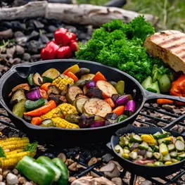 A close-up photograph of a campfire with a cast-iron skillet sizzling with colorful vegetables, highlighting the importance of nutritious meals for maintaining stable blood sugar levels during camping adventures.