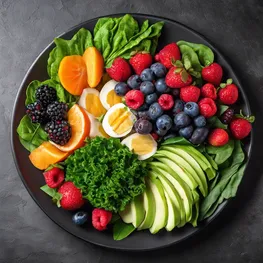 A visually appealing image of a plate filled with a colorful array of low-glycemic foods, such as leafy greens, vibrant berries, lean proteins, and healthy fats, showcasing the importance of balanced nutrition for optimal health.