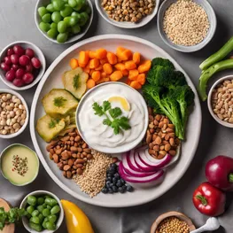 A close-up photograph of a carefully arranged plate of food showcasing a variety of low-glycemic index foods, such as colorful vegetables, lean proteins, and whole grains, highlighting the importance of balance and mindful choices in a low-glycemic diet.