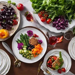 An elegant dinner table setting showcasing a beautifully plated low-glycemic meal, featuring a colorful array of fresh vegetables, lean protein, and a decadent low-sugar dessert.