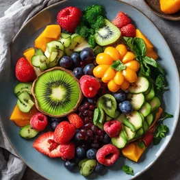 An appetizing photograph of a beautifully plated low-glycemic meal, showcasing vibrant and colorful fruits, vegetables, and lean proteins, demonstrating that healthy eating can be delicious and satisfying.