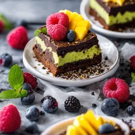 An enticing close-up image of a decadent, low-glycemic dessert that showcases its rich texture and vibrant colors. The dessert could be anything from a fudgy avocado brownie topped with raspberries to a mouthwatering chia seed pudding layered with fresh mango slices. The image should highlight the idea that you can indulge in delicious sweets while still maintaining a healthy, low-glycemic lifestyle.