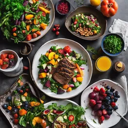 A flatlay photograph of a beautifully arranged plate filled with colorful and nutritious low-glycemic dishes, including a vibrant salad, a roasted vegetable medley, and a protein-rich main course. Surrounding the plate are fresh fruits, herbs, and a cookbook titled Mastering Low-Glycemic Living: Recipes for Everyday Joy, inviting readers to discover the secrets to a healthier lifestyle through delicious and satisfying meals.